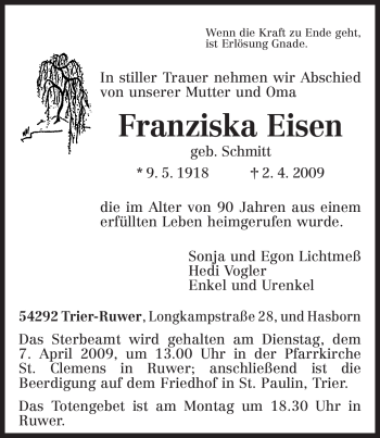 Traueranzeige von Franziska Eisen von TRIERISCHER VOLKSFREUND