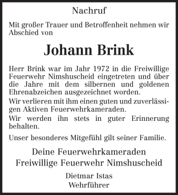 Traueranzeige von Johann Brink von TRIERISCHER VOLKSFREUND