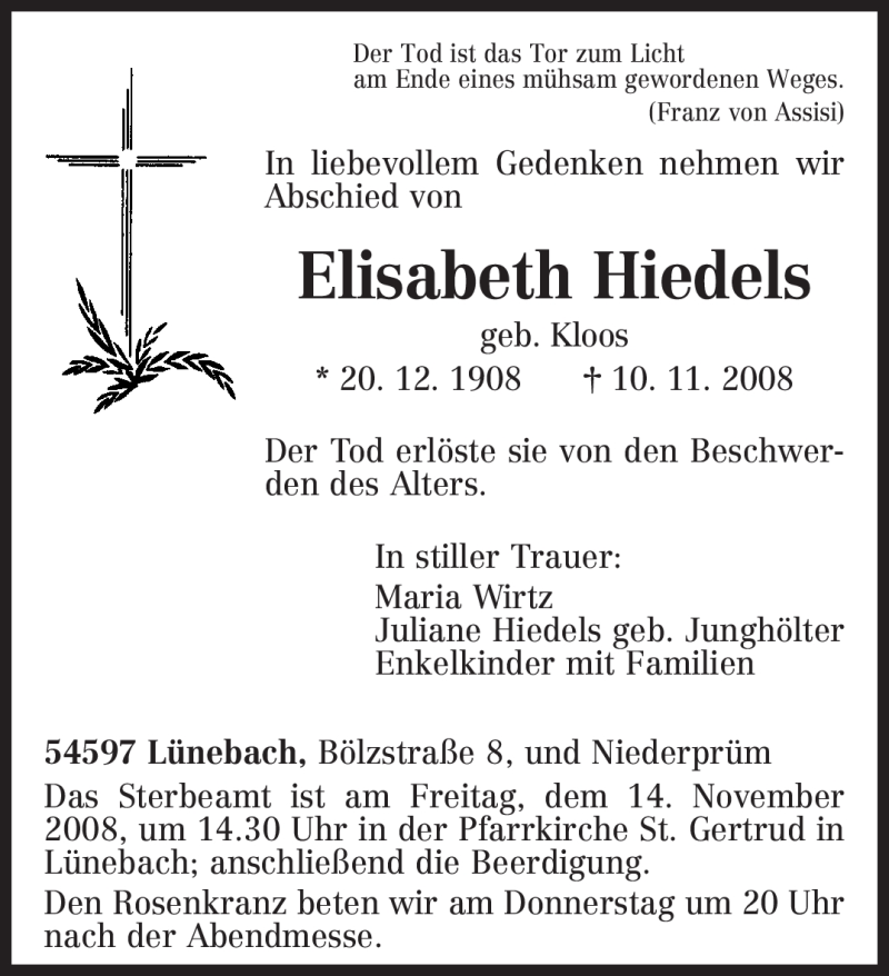  Traueranzeige für Elisabeth Hiedels vom 12.11.2008 aus TRIERISCHER VOLKSFREUND