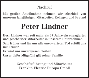Traueranzeige von Peter Lindner von TRIERISCHER VOLKSFREUND