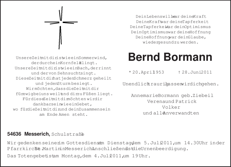  Traueranzeige für Bernd Bormann vom 30.06.2011 aus TRIERISCHER VOLKSFREUND