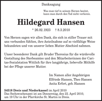 Traueranzeige von Hildegard Hansen von TRIERISCHER VOLKSFREUND