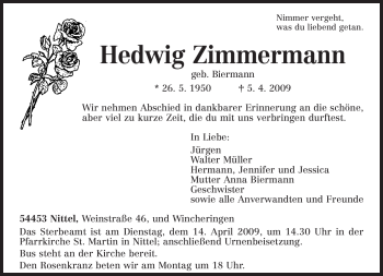 Traueranzeige von Hedwig Zimmermann von TRIERISCHER VOLKSFREUND