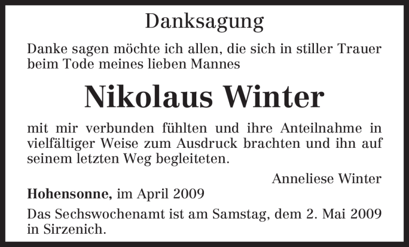  Traueranzeige für Nikolaus Winter vom 25.04.2009 aus TRIERISCHER VOLKSFREUND
