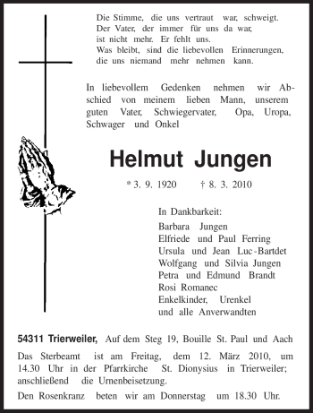 Traueranzeige von Helmut Jungen von TRIERISCHER VOLKSFREUND