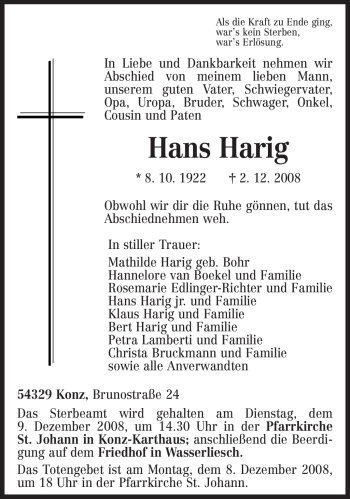 Traueranzeige von Hans Harig von TRIERISCHER VOLKSFREUND
