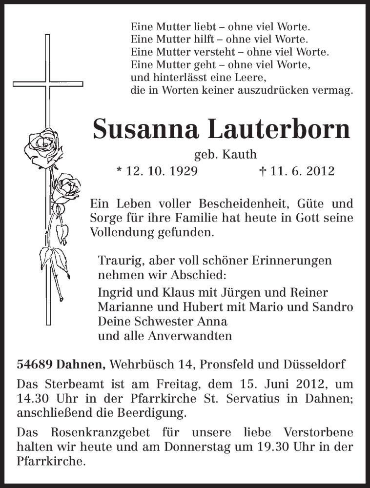  Traueranzeige für Susanna Lauterborn vom 13.06.2012 aus TRIERISCHER VOLKSFREUND