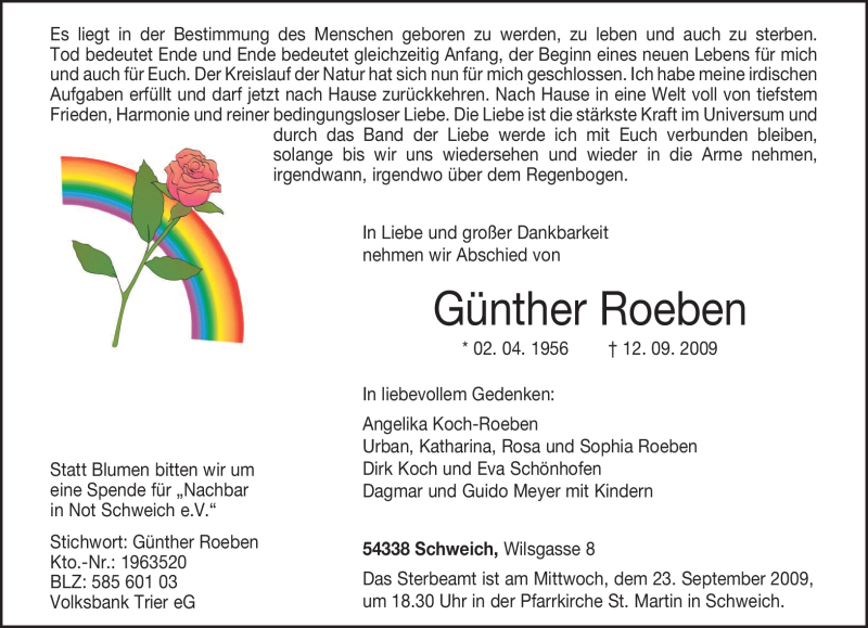  Traueranzeige für Günther Roeben vom 19.09.2009 aus TRIERISCHER VOLKSFREUND
