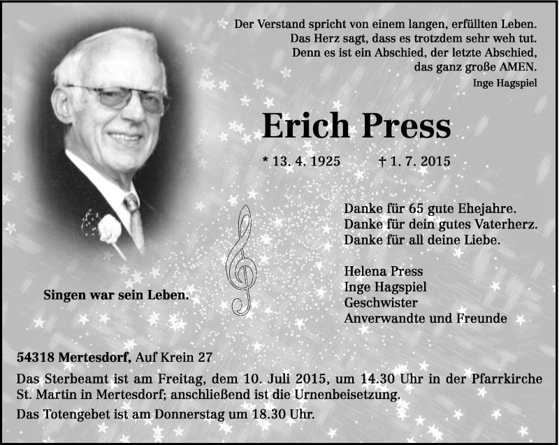  Traueranzeige für Erich Press vom 08.07.2015 aus trierischer_volksfreund