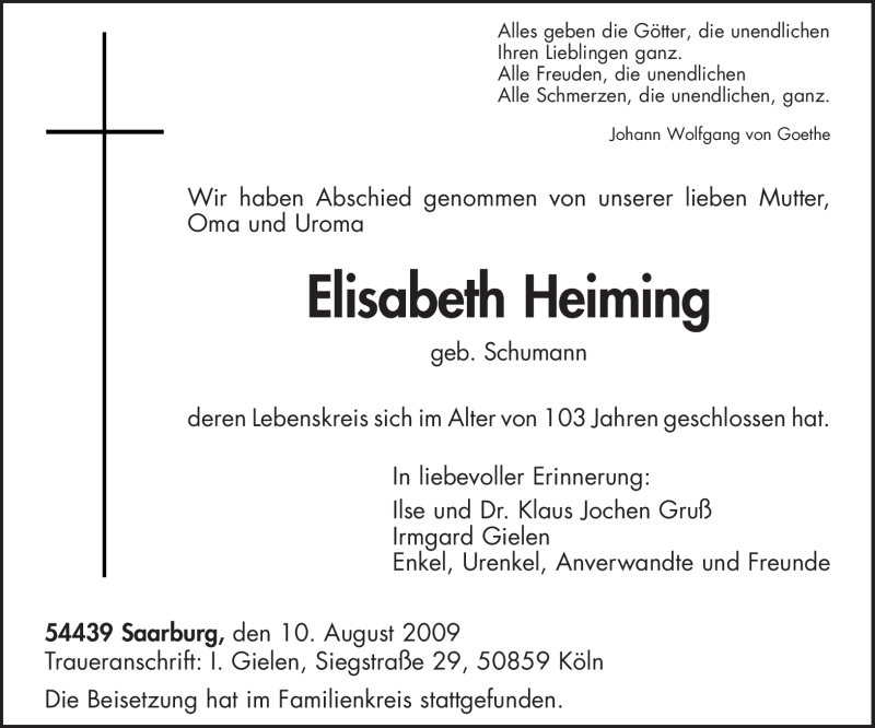  Traueranzeige für Elisabeth Heiming vom 17.08.2009 aus TRIERISCHER VOLKSFREUND