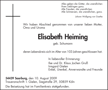 Traueranzeige von Elisabeth Heiming von TRIERISCHER VOLKSFREUND