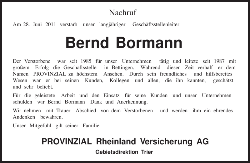  Traueranzeige für Bernd Bormann vom 30.06.2011 aus TRIERISCHER VOLKSFREUND