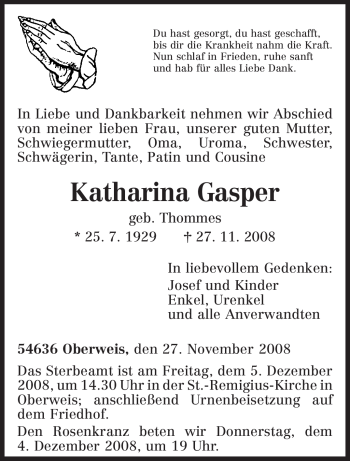 Traueranzeige von Katharina Gasper von TRIERISCHER VOLKSFREUND