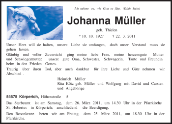 Traueranzeige von Johanna Müller von TRIERISCHER VOLKSFREUND