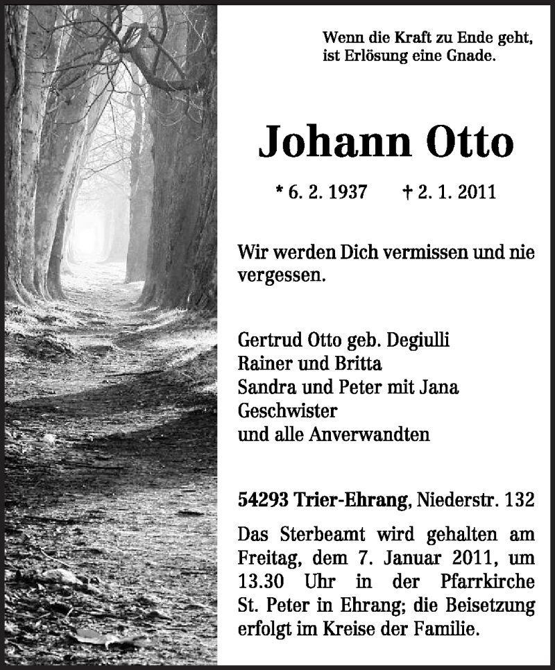 Traueranzeigen Von Johann Otto | Volksfreund.Trauer.de