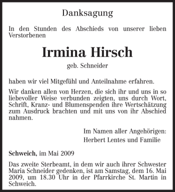 Traueranzeige von Irmina Hirsch von TRIERISCHER VOLKSFREUND