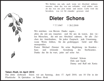 Traueranzeige von Dieter Schons von TRIERISCHER VOLKSFREUND