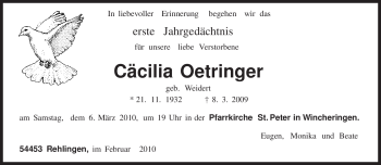 Traueranzeige von Cäcilia Oetringer von TRIERISCHER VOLKSFREUND