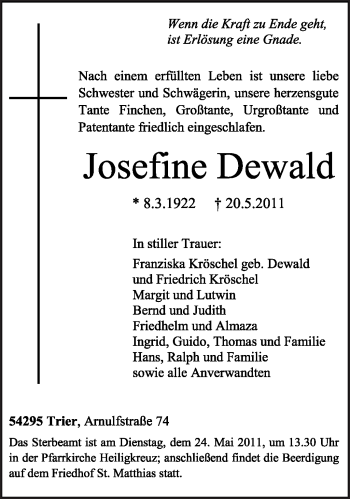 Traueranzeige von Josefine Dewald von TRIERISCHER VOLKSFREUND