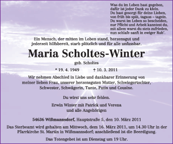 Traueranzeige von Maria Scholtes-Winter von TRIERISCHER VOLKSFREUND