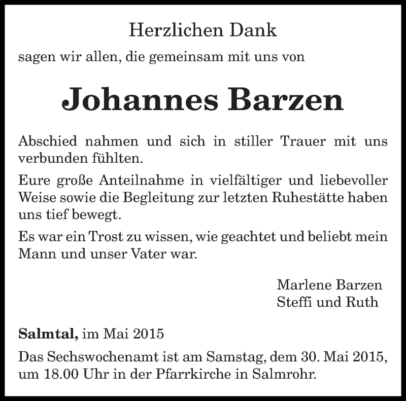  Traueranzeige für Johannes Barzen vom 23.05.2015 aus trierischer_volksfreund