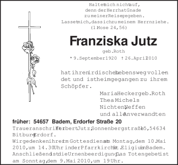 Traueranzeige von Franziska Jutz von TRIERISCHER VOLKSFREUND