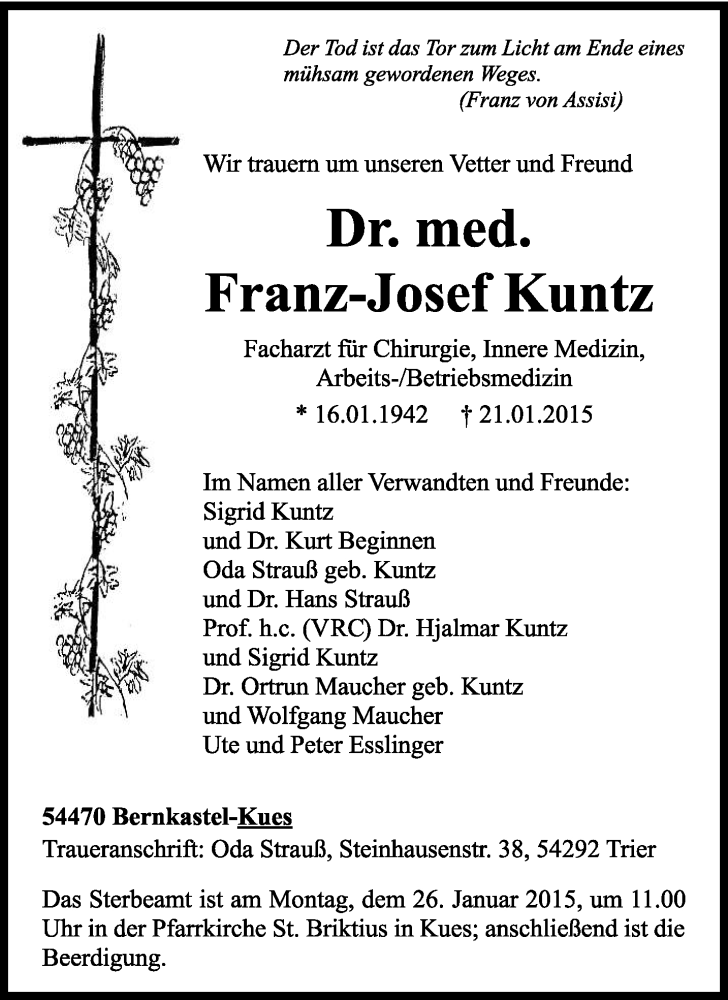  Traueranzeige für Franz-Josef Kuntz vom 24.01.2015 aus trierischer_volksfreund