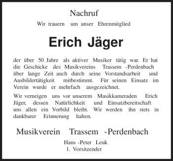Traueranzeige von Erich Jäger von TRIERISCHER VOLKSFREUND