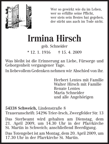 Traueranzeige von Irmina Hirsch von TRIERISCHER VOLKSFREUND