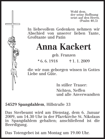 Traueranzeige von Anna Kackert von TRIERISCHER VOLKSFREUND