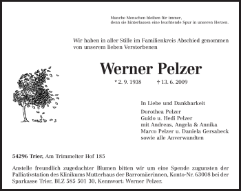 Traueranzeige von Werner Pelzer von TRIERISCHER VOLKSFREUND