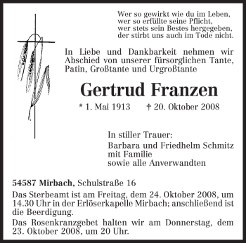 Traueranzeige von Gertrud Franzen von TRIERISCHER VOLKSFREUND