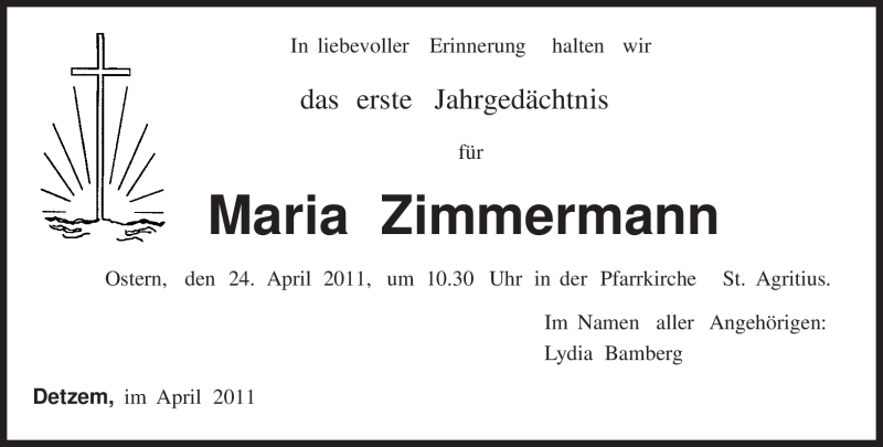  Traueranzeige für Maria Zimmermann vom 21.04.2011 aus TRIERISCHER VOLKSFREUND