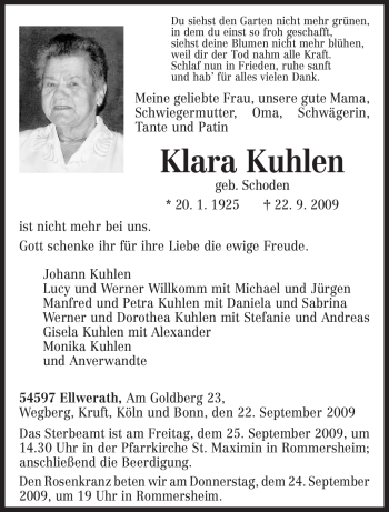 Traueranzeige von Klara Kuhlen von TRIERISCHER VOLKSFREUND