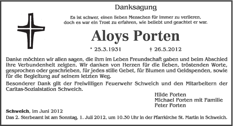  Traueranzeige für Aloys Porten vom 27.06.2012 aus TRIERISCHER VOLKSFREUND