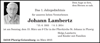 Traueranzeige von Johann Lambertz von trierischer_volksfreund