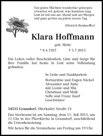 Traueranzeige von Klara Hoffmann von trierischer_volksfreund
