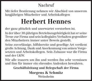 Traueranzeige von Herbert Hennes von TRIERISCHER VOLKSFREUND