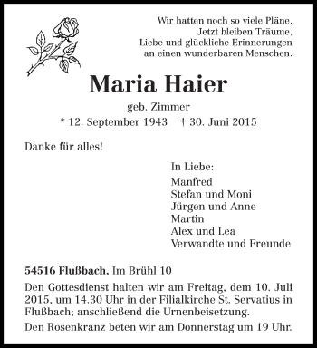 Traueranzeige von Maria Haier von trierischer_volksfreund