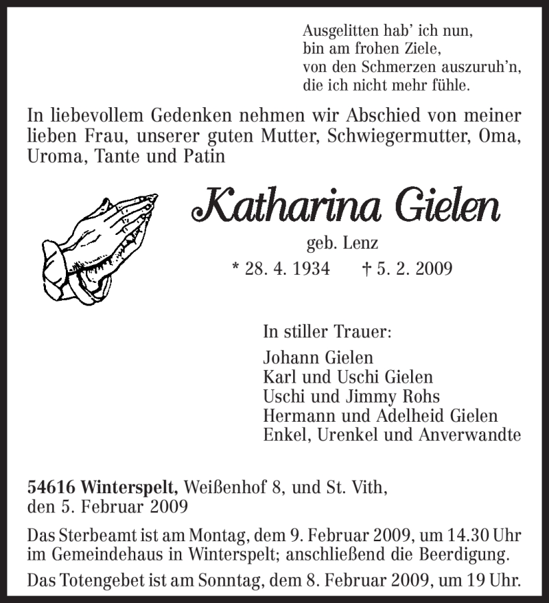  Traueranzeige für Katharina Gielen vom 07.02.2009 aus TRIERISCHER VOLKSFREUND