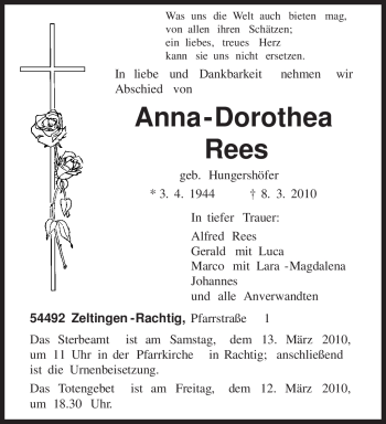 Traueranzeige von Anna - Dorothea Rees von TRIERISCHER VOLKSFREUND