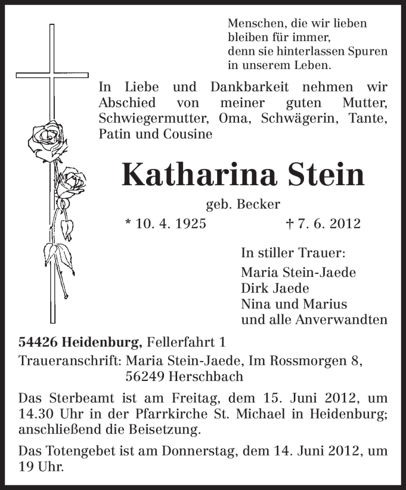  Traueranzeige für Katharina Stein vom 13.06.2012 aus TRIERISCHER VOLKSFREUND