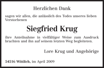 Traueranzeige von Siegfried Krug von TRIERISCHER VOLKSFREUND
