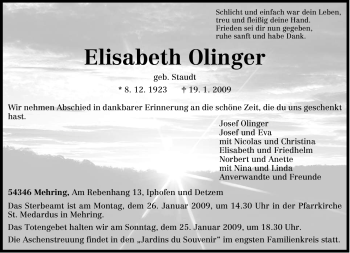 Traueranzeige von Elisabeth Olinger von TRIERISCHER VOLKSFREUND