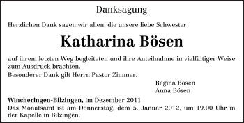 Traueranzeige von Katharina Bösen von TRIERISCHER VOLKSFREUND