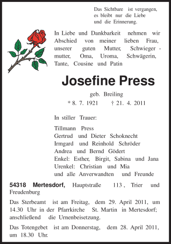 Traueranzeige von Josefine Press von TRIERISCHER VOLKSFREUND