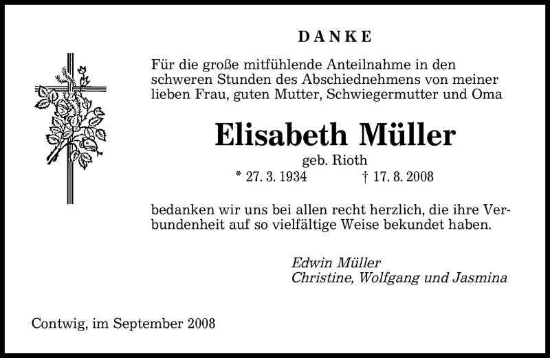  Traueranzeige für Elisabeth Müller vom 04.09.2008 aus TRIERISCHER VOLKSFREUND