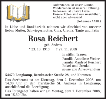 Traueranzeige von Rosa Reichert von TRIERISCHER VOLKSFREUND