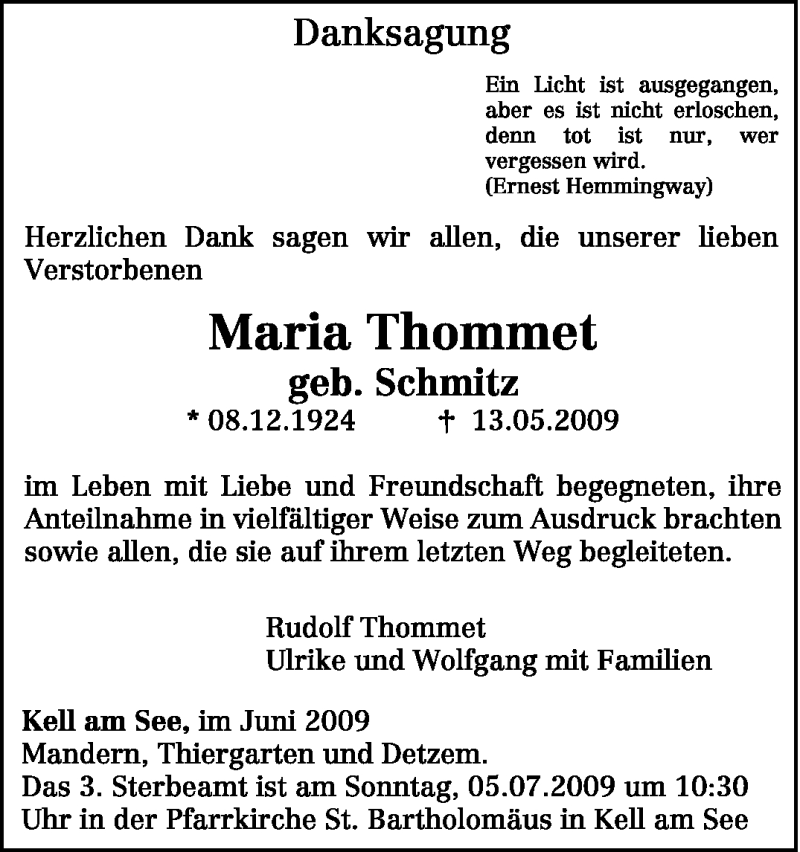 Traueranzeige für Maria Thommet vom 29.06.2009 aus TRIERISCHER VOLKSFREUND