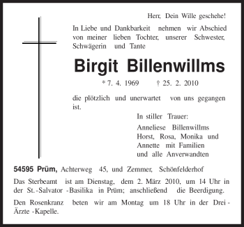Traueranzeige von Birgit Billenwillms von TRIERISCHER VOLKSFREUND